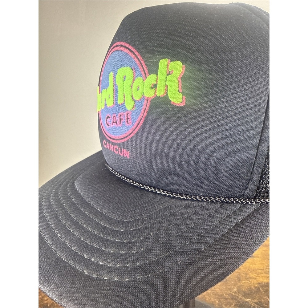 Vintage 1980s Hard Rock Cafe Cancun Foam Trucker Hat Neon Puff Print Corded NEW - Picture 6 of 7